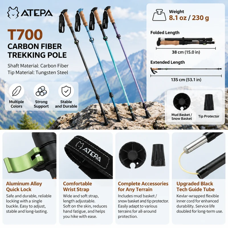 ATEPA FLYTREK Z1 Carbon Fiber Trekking Pole, 5-Section Folding Hiking Pole, 45.3-53.1" Adjustable, Cork EVA Grip, 8.1 oz, 15" Packed