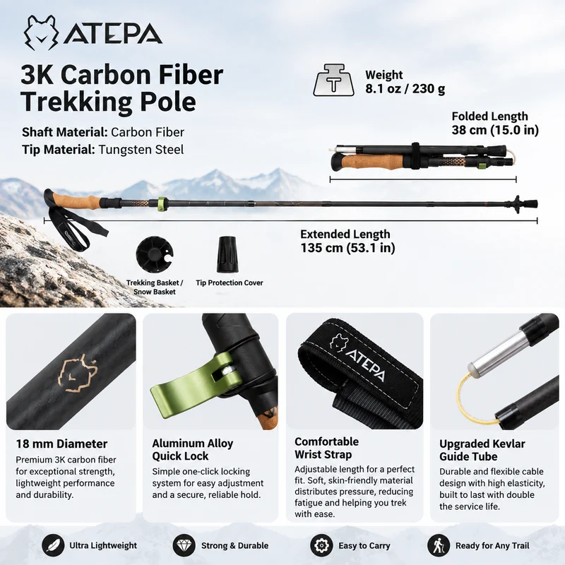 ATEPA FLYTREK Z1 Carbon Fiber Trekking Pole, 5-Section Folding Hiking Pole, 45.3-53.1" Adjustable, Cork EVA Grip, 8.1 oz, 15" Packed