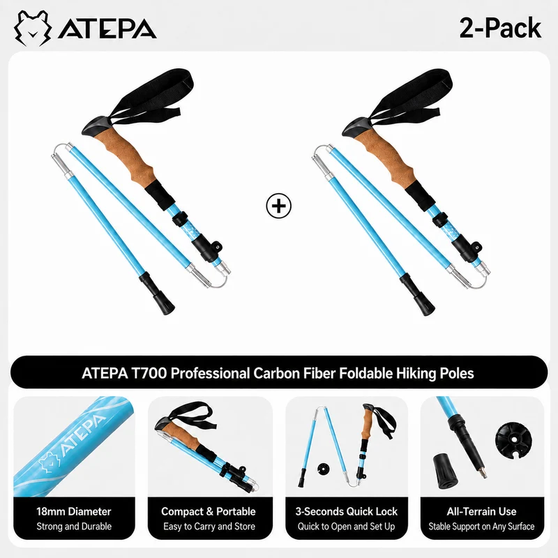 ATEPA FLYTREK Z1 Carbon Fiber Trekking Pole, 5-Section Folding Hiking Pole, 45.3-53.1" Adjustable, Cork EVA Grip, 8.1 oz, 15" Packed