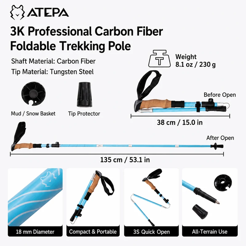 ATEPA FLYTREK Z1 Carbon Fiber Trekking Pole, 5-Section Folding Hiking Pole, 45.3-53.1" Adjustable, Cork EVA Grip, 8.1 oz, 15" Packed