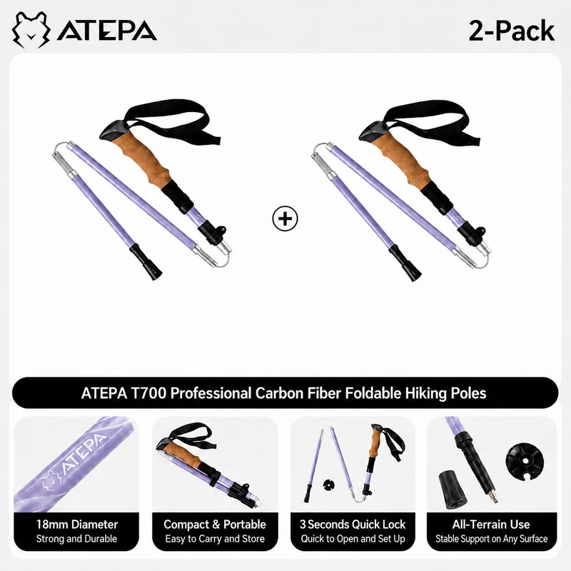 ATEPA FLYTREK Z1 Carbon Fiber Trekking Pole, 5-Section Folding Hiking Pole, 45.3-53.1" Adjustable, Cork EVA Grip, 8.1 oz, 15" Packed