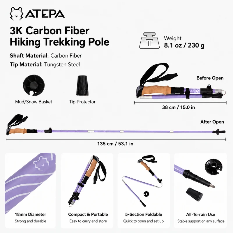 ATEPA FLYTREK Z1 Carbon Fiber Trekking Pole, 5-Section Folding Hiking Pole, 45.3-53.1" Adjustable, Cork EVA Grip, 8.1 oz, 15" Packed