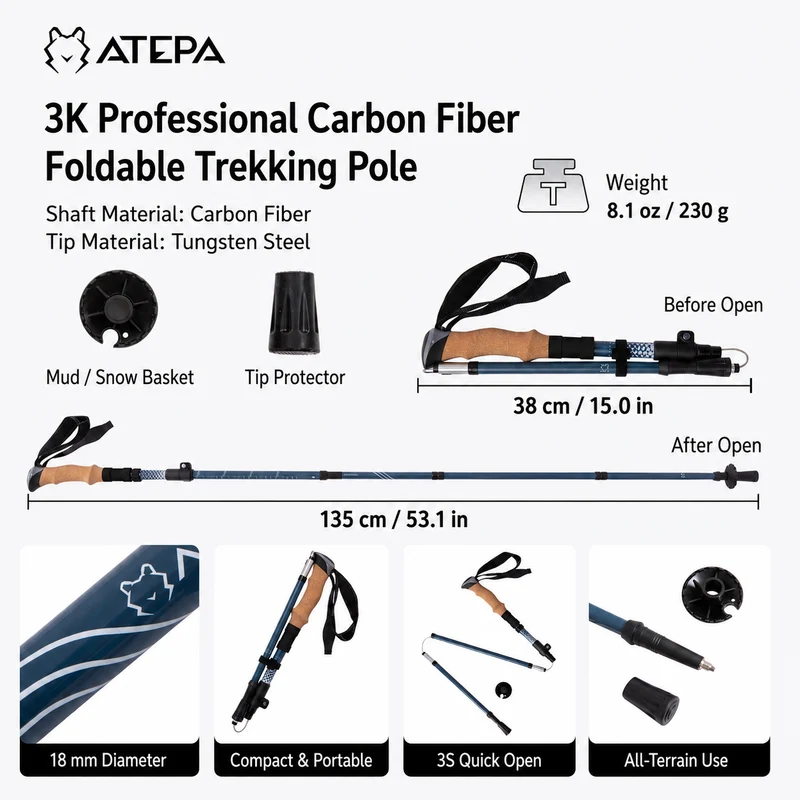 ATEPA FLYTREK Z1 Carbon Fiber Trekking Pole, 5-Section Folding Hiking Pole, 45.3-53.1" Adjustable, Cork EVA Grip, 8.1 oz, 15" Packed