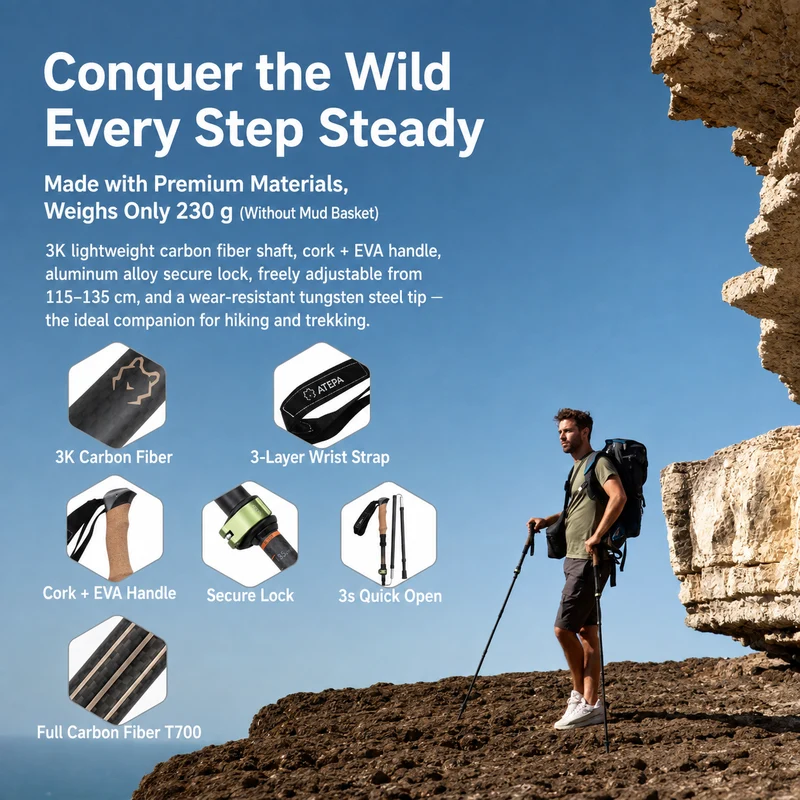 ATEPA FLYTREK Z1 Carbon Fiber Trekking Pole, 5-Section Folding Hiking Pole, 45.3-53.1" Adjustable, Cork EVA Grip, 8.1 oz, 15" Packed