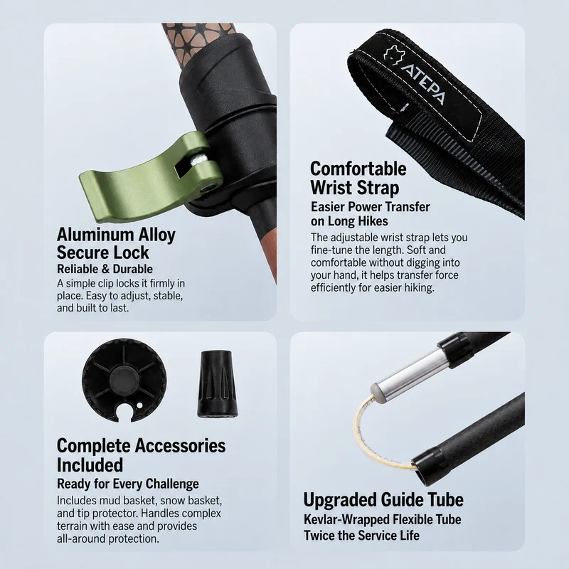 ATEPA FLYTREK Z1 Carbon Fiber Trekking Pole, 5-Section Folding Hiking Pole, 45.3-53.1" Adjustable, Cork EVA Grip, 8.1 oz, 15" Packed