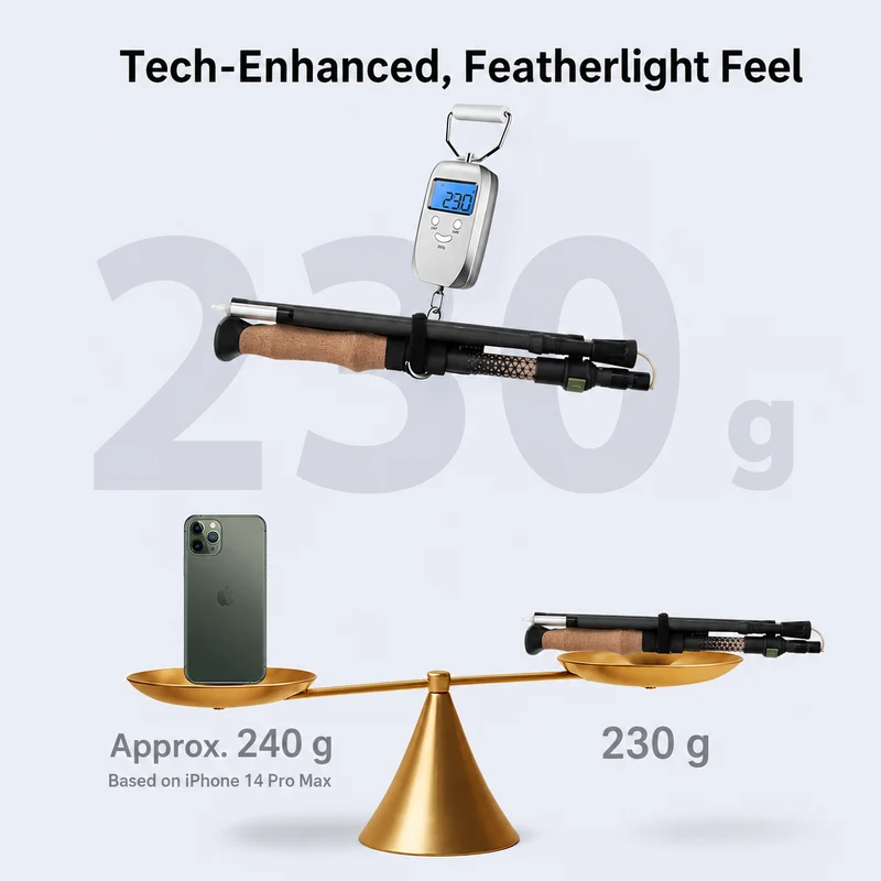 ATEPA FLYTREK Z1 Carbon Fiber Trekking Pole, 5-Section Folding Hiking Pole, 45.3-53.1" Adjustable, Cork EVA Grip, 8.1 oz, 15" Packed