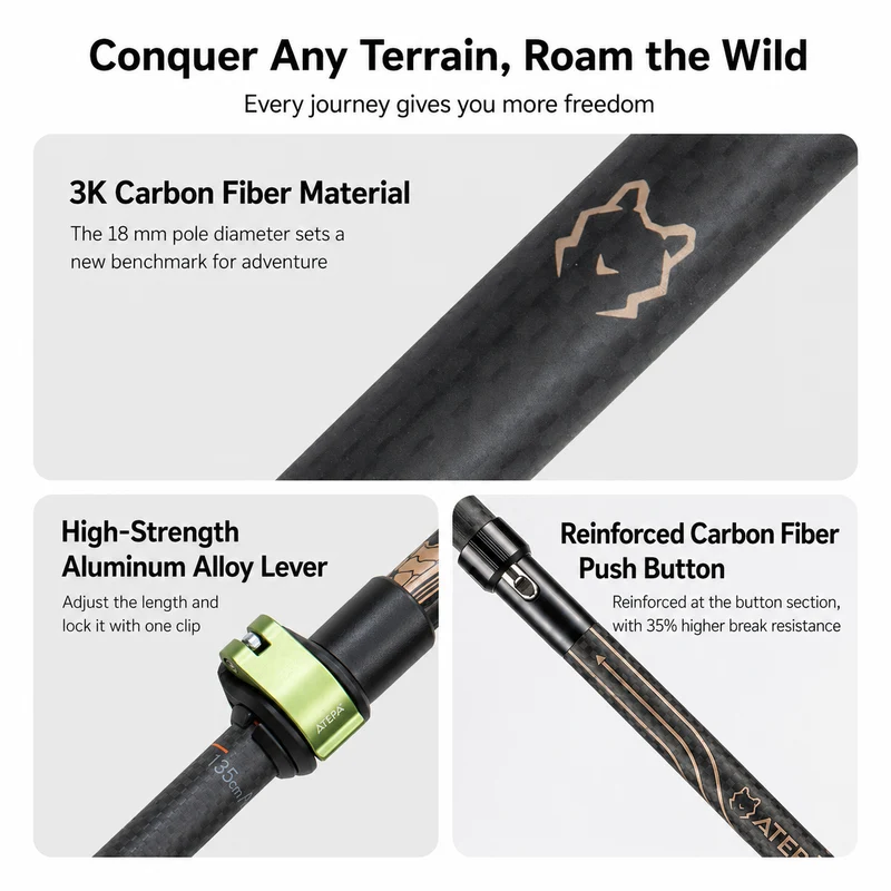 ATEPA FLYTREK Z1 Carbon Fiber Trekking Pole, 5-Section Folding Hiking Pole, 45.3-53.1" Adjustable, Cork EVA Grip, 8.1 oz, 15" Packed