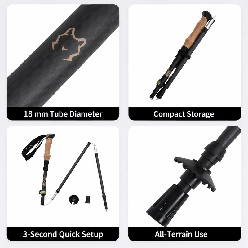 ATEPA FLYTREK Z1 Carbon Fiber Trekking Pole, 5-Section Folding Hiking Pole, 45.3-53.1" Adjustable, Cork EVA Grip, 8.1 oz, 15" Packed