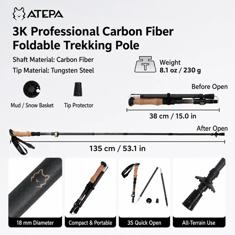 ATEPA FLYTREK Z1 Carbon Fiber Trekking Pole, 5-Section Folding Hiking Pole, 45.3-53.1" Adjustable, Cork EVA Grip, 8.1 oz, 15" Packed