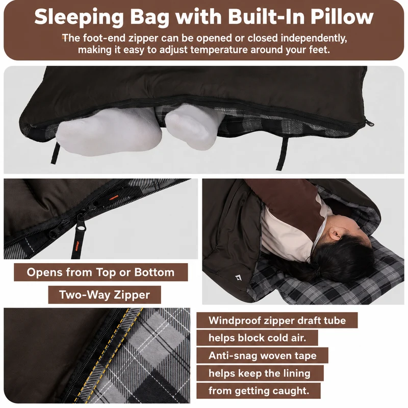 KingCamp Trippy C Flannel Sleeping Bag with Pillow, ISO-Tested 37°F–52°F, 75" x 33.5" Wide Rectangular Camping Sleeping Bag, Convertible Blanket