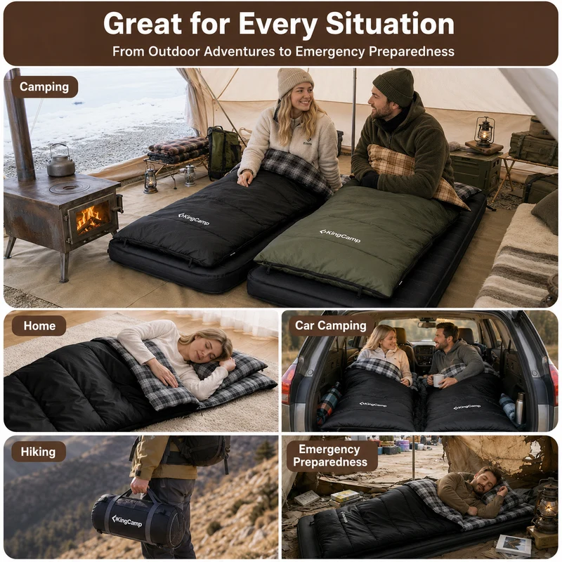 KingCamp Trippy C Flannel Sleeping Bag with Pillow, ISO-Tested 37°F–52°F, 75" x 33.5" Wide Rectangular Camping Sleeping Bag, Convertible Blanket