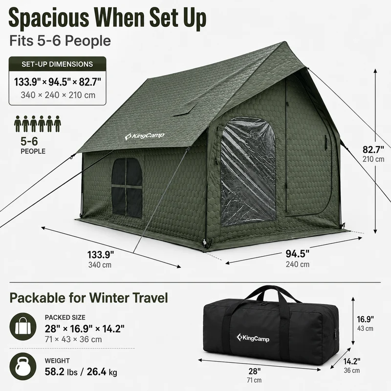 KingCamp SnowHouse 5 Insulated Hot Tent, 5-6 Person 4-Season Winter Camping Tent with Stove Jack, Removable Floor, Divider & Steel Frame