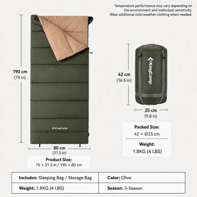KingCamp Trippy 350 Camping Sleeping Bag, 41°F Comfort Lightweight Rectangular Sleeping Bag, Water-Resistant, Zip-Together Design with Carry Bag