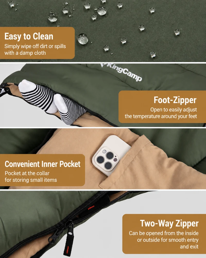KingCamp Trippy 350 Camping Sleeping Bag, 41°F Comfort Lightweight Rectangular Sleeping Bag, Water-Resistant, Zip-Together Design with Carry Bag