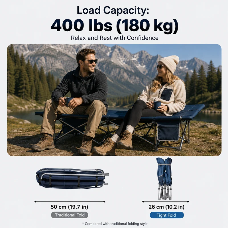 KingCamp Ravon C20 Folding Camping Cot, 400 lbs Heavy Duty Portable Sleeping Bed with Padded Headrest, 10-Leg Steel Frame & Side Pocket