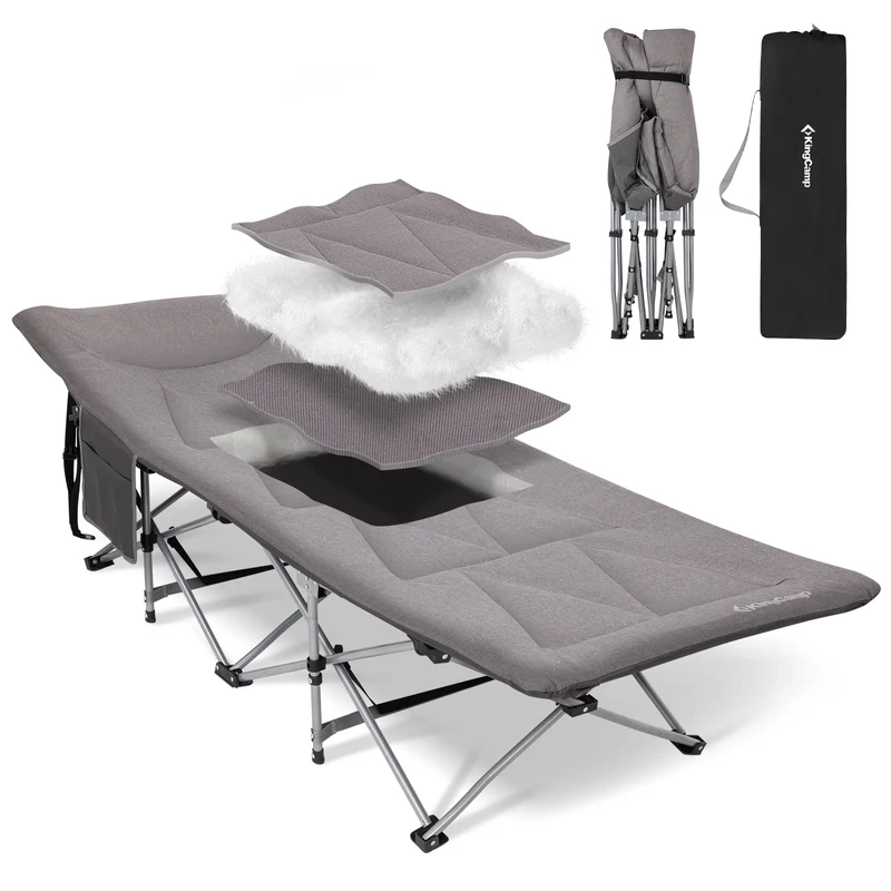 KingCamp Ravon C20 Folding Camping Cot, 400 lbs Heavy Duty Portable Sleeping Bed with Padded Headrest, 10-Leg Steel Frame & Side Pocket