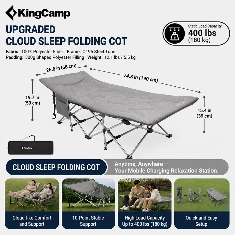 KingCamp Ravon C20 Folding Camping Cot, 400 lbs Heavy Duty Portable Sleeping Bed with Padded Headrest, 10-Leg Steel Frame & Side Pocket
