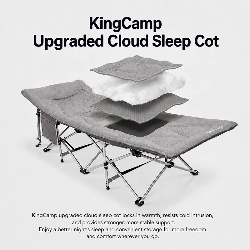 KingCamp Ravon C20 Folding Camping Cot, 400 lbs Heavy Duty Portable Sleeping Bed with Padded Headrest, 10-Leg Steel Frame & Side Pocket