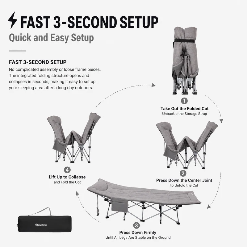 KingCamp Ravon C20 Folding Camping Cot, 400 lbs Heavy Duty Portable Sleeping Bed with Padded Headrest, 10-Leg Steel Frame & Side Pocket