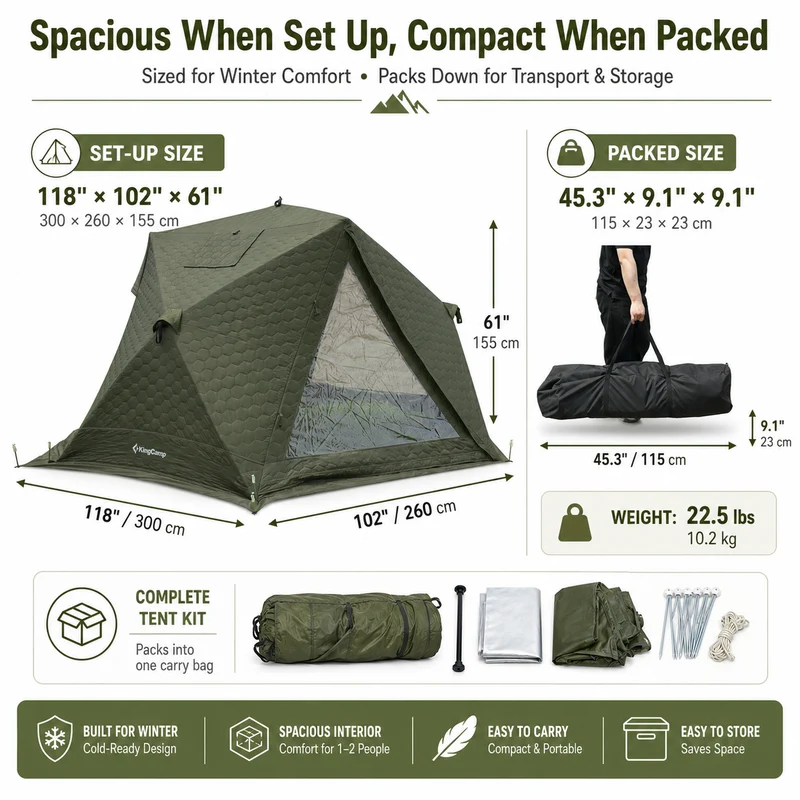 KingCamp SnowHouse X2 Insulated Hot Tent, 4-Season Winter Camping Tent with Stove Jack, Quick Setup, TPU Windows & Snow Support Pole
