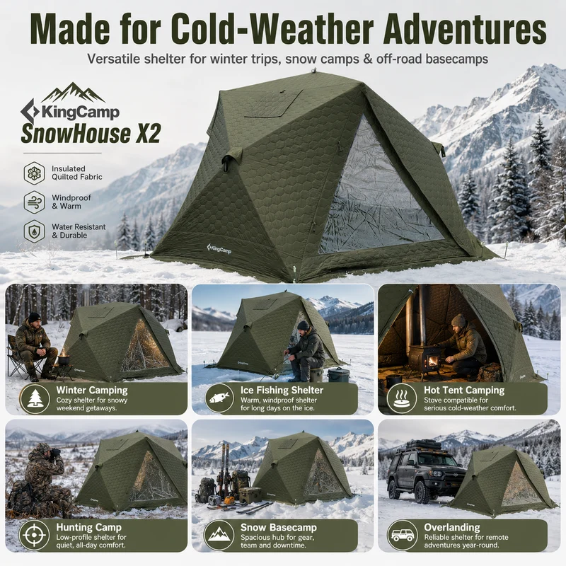 KingCamp SnowHouse X2 Insulated Hot Tent, 4-Season Winter Camping Tent with Stove Jack, Quick Setup, TPU Windows & Snow Support Pole