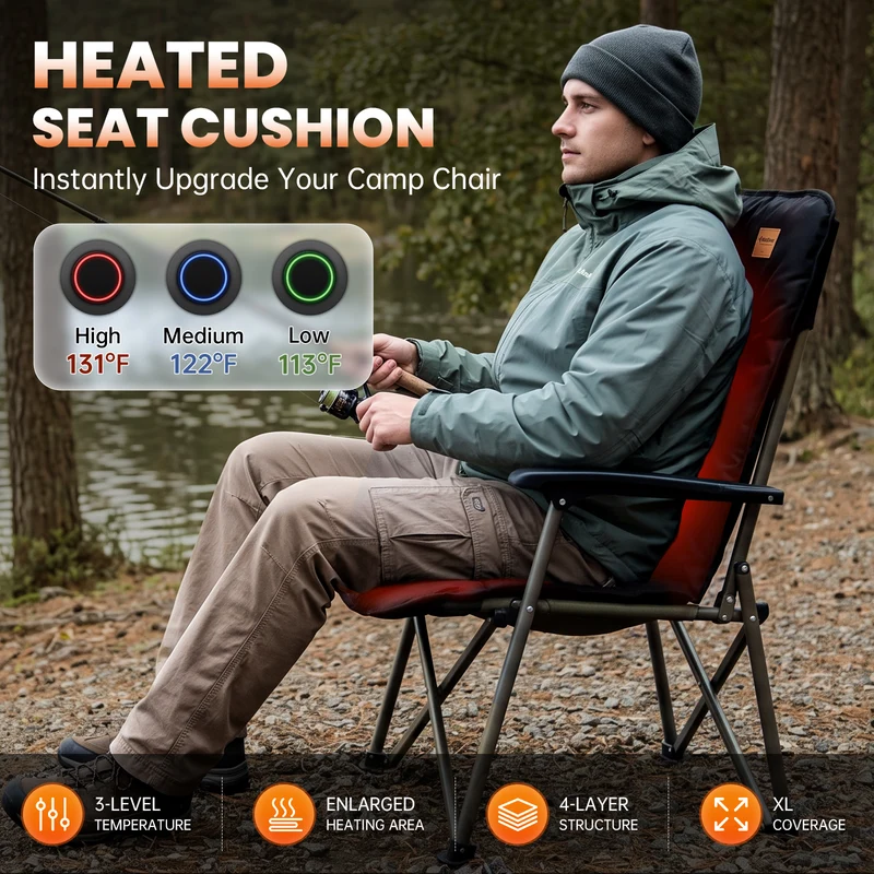 KingCamp Heated Seat Cushion for Camping Chair, Dual-Zone Heated Chair Pad with 3 Heat Settings, Full Back & Seat Coverage for Winter Camping