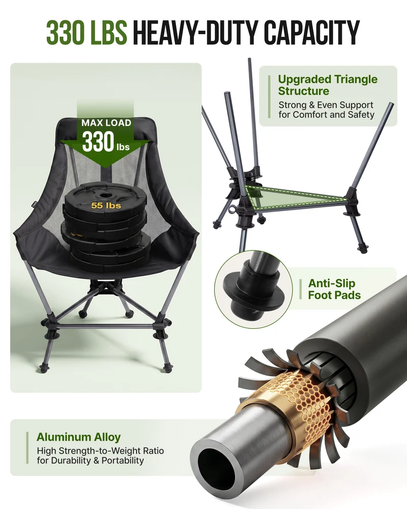 KingCamp High Back Camping Chair with Gentle Sway, 2-Height Adjustable Folding Chair, 330 lbs Capacity, Portable Aluminum Chair with Headrest