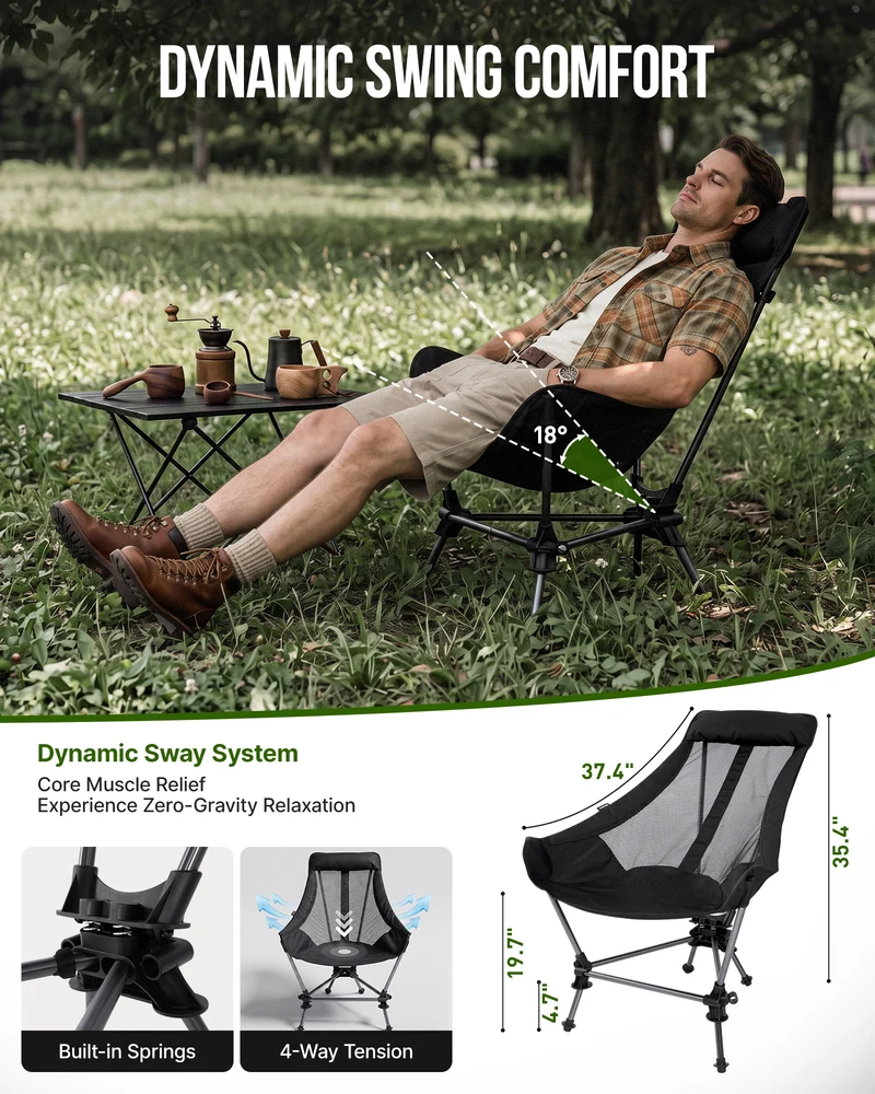 KingCamp High Back Camping Chair with Gentle Sway, 2-Height Adjustable Folding Chair, 330 lbs Capacity, Portable Aluminum Chair with Headrest