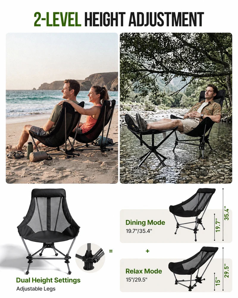 KingCamp High Back Camping Chair with Gentle Sway, 2-Height Adjustable Folding Chair, 330 lbs Capacity, Portable Aluminum Chair with Headrest