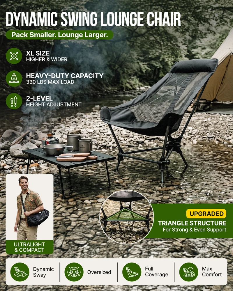 KingCamp High Back Camping Chair with Gentle Sway, 2-Height Adjustable Folding Chair, 330 lbs Capacity, Portable Aluminum Chair with Headrest