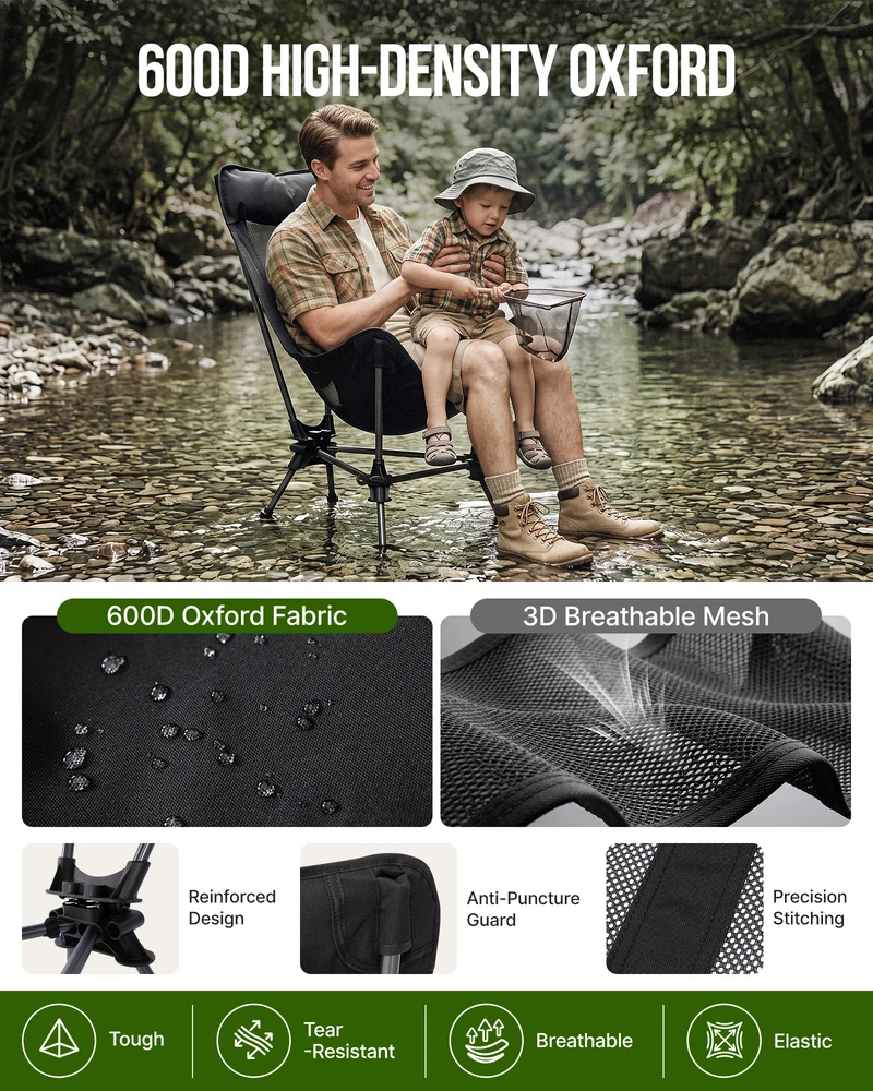 KingCamp High Back Camping Chair with Gentle Sway, 2-Height Adjustable Folding Chair, 330 lbs Capacity, Portable Aluminum Chair with Headrest