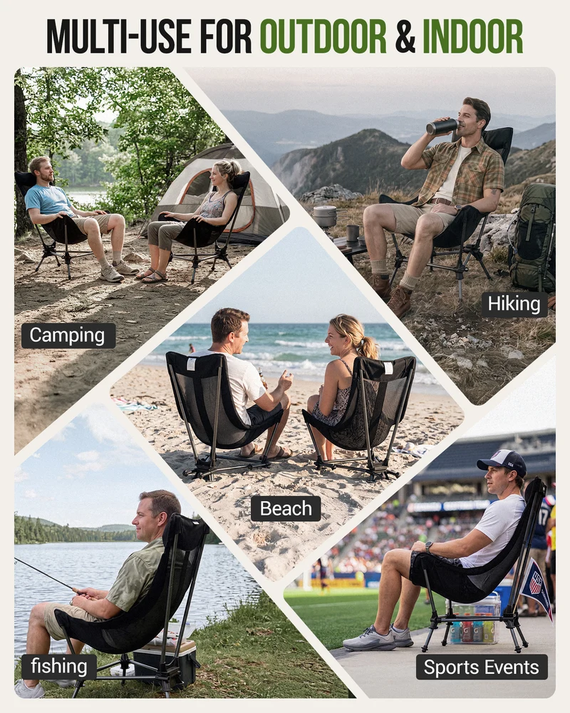 KingCamp High Back Camping Chair with Gentle Sway, 2-Height Adjustable Folding Chair, 330 lbs Capacity, Portable Aluminum Chair with Headrest