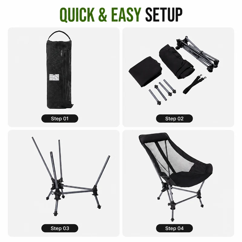 KingCamp High Back Camping Chair with Gentle Sway, 2-Height Adjustable Folding Chair, 330 lbs Capacity, Portable Aluminum Chair with Headrest