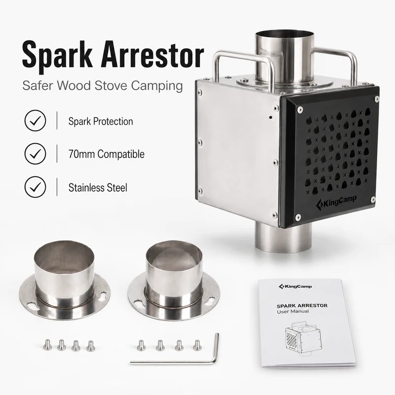 KingCamp Spark Arrestor for 70mm Stove Pipes, Stainless Steel Chimney Spark Suppressor with Secondary Airflow, Heat Shield & Adapters