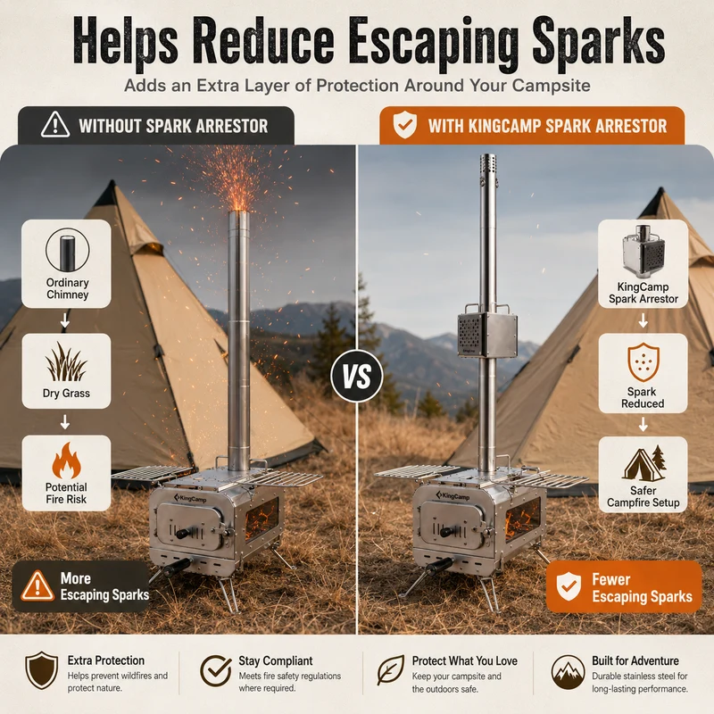 KingCamp Spark Arrestor for 70mm Stove Pipes, Stainless Steel Chimney Spark Suppressor with Secondary Airflow, Heat Shield & Adapters