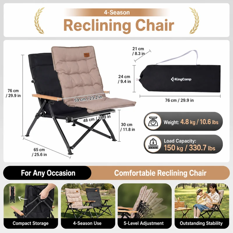 KingCamp MANGROVE C10 Folding Camping Chair | Multi-Position Recliner with Adjustable Backrest, 330lb Capacity