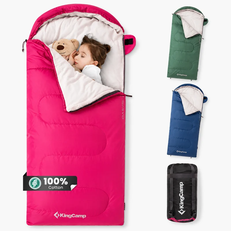 KingCamp Oasis 250S+ Kids Sleeping Bag, Hooded Youth Sleeping Bag for Camping, Soft Cotton Flannel Lining, 53.6°F Comfort, Compression Sack Included