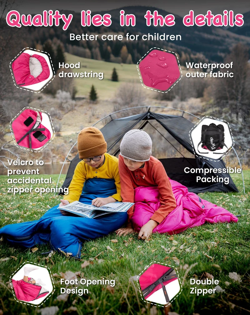 KingCamp Oasis 250S+ Kids Sleeping Bag, Hooded Youth Sleeping Bag for Camping, Soft Cotton Flannel Lining, 53.6°F Comfort, Compression Sack Included