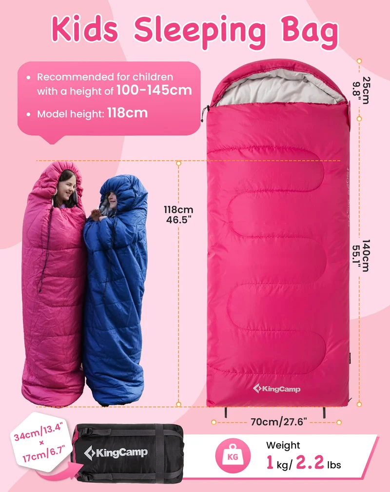 KingCamp Oasis 250S+ Kids Sleeping Bag, Hooded Youth Sleeping Bag for Camping, Soft Cotton Flannel Lining, 53.6°F Comfort, Compression Sack Included