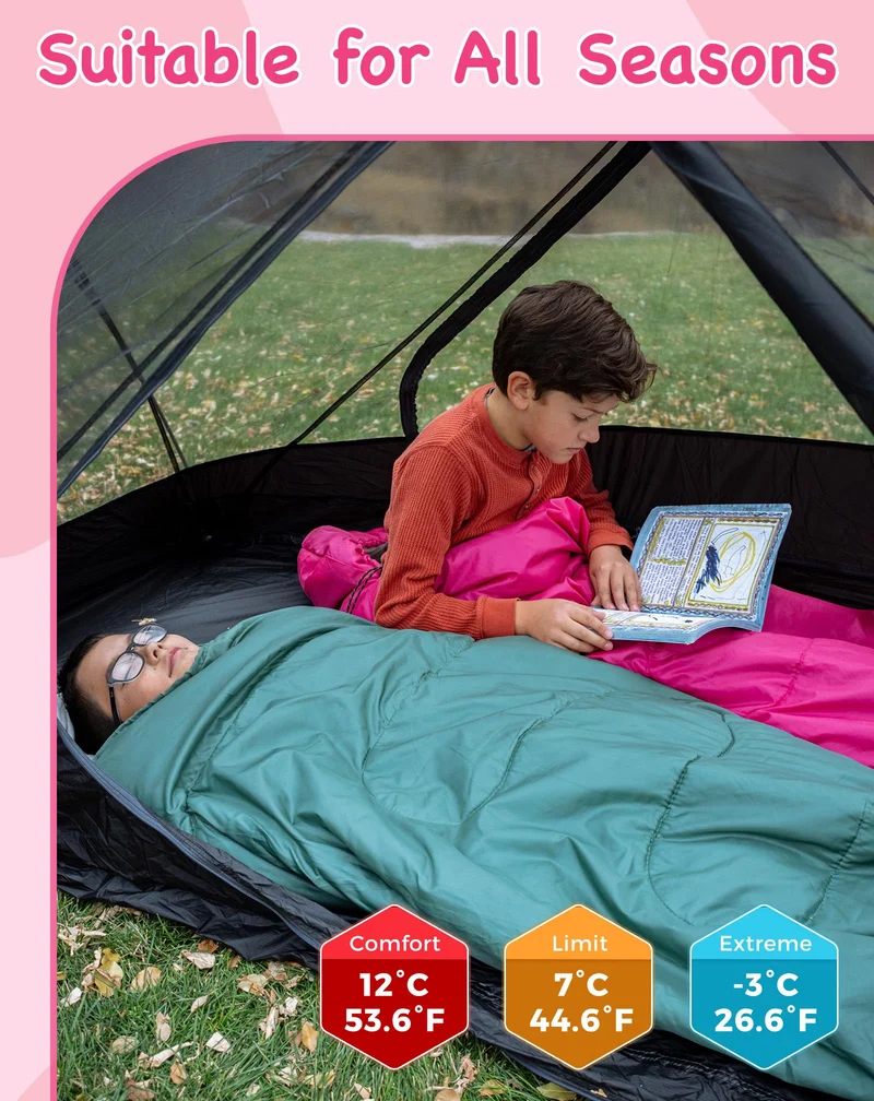 KingCamp Oasis 250S+ Kids Sleeping Bag, Hooded Youth Sleeping Bag for Camping, Soft Cotton Flannel Lining, 53.6°F Comfort, Compression Sack Included