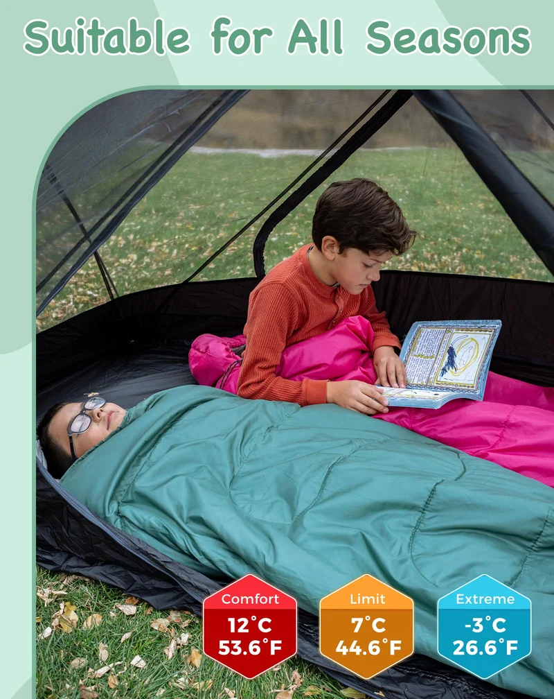 KingCamp Oasis 250S+ Kids Sleeping Bag, Hooded Youth Sleeping Bag for Camping, Soft Cotton Flannel Lining, 53.6°F Comfort, Compression Sack Included