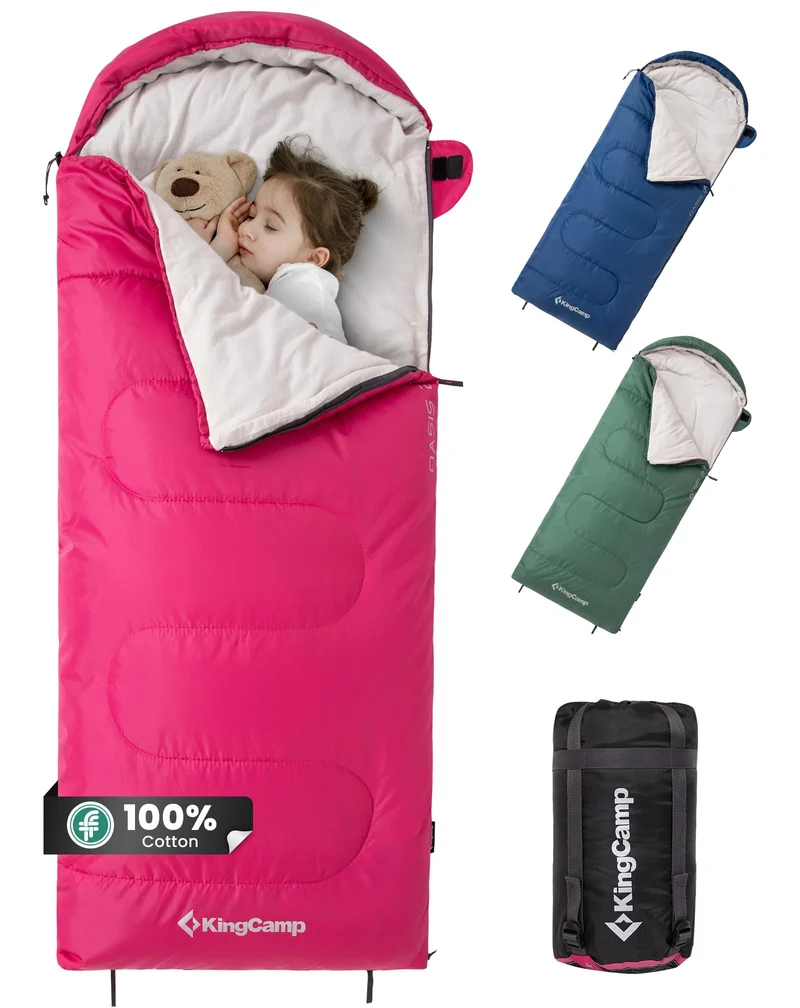 KingCamp Oasis 250S+ Kids Sleeping Bag, Hooded Youth Sleeping Bag for Camping, Soft Cotton Flannel Lining, 53.6°F Comfort, Compression Sack Included