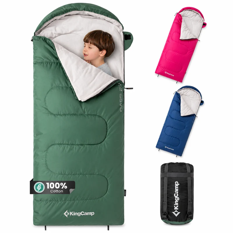 KingCamp Oasis 250S+ Kids Sleeping Bag, Hooded Youth Sleeping Bag for Camping, Soft Cotton Flannel Lining, 53.6°F Comfort, Compression Sack Included