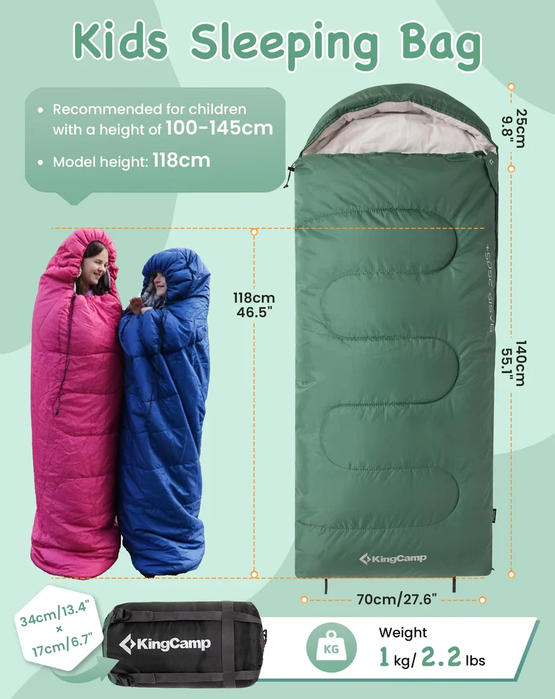KingCamp Oasis 250S+ Kids Sleeping Bag, Hooded Youth Sleeping Bag for Camping, Soft Cotton Flannel Lining, 53.6°F Comfort, Compression Sack Included