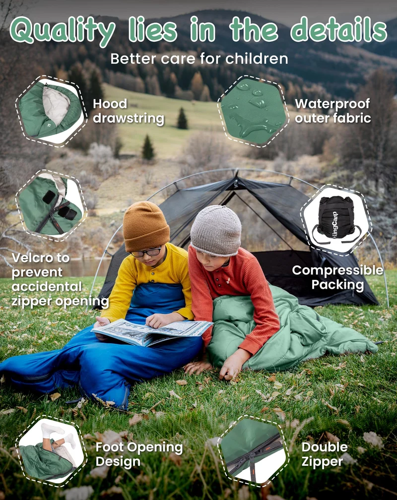 KingCamp Oasis 250S+ Kids Sleeping Bag, Hooded Youth Sleeping Bag for Camping, Soft Cotton Flannel Lining, 53.6°F Comfort, Compression Sack Included