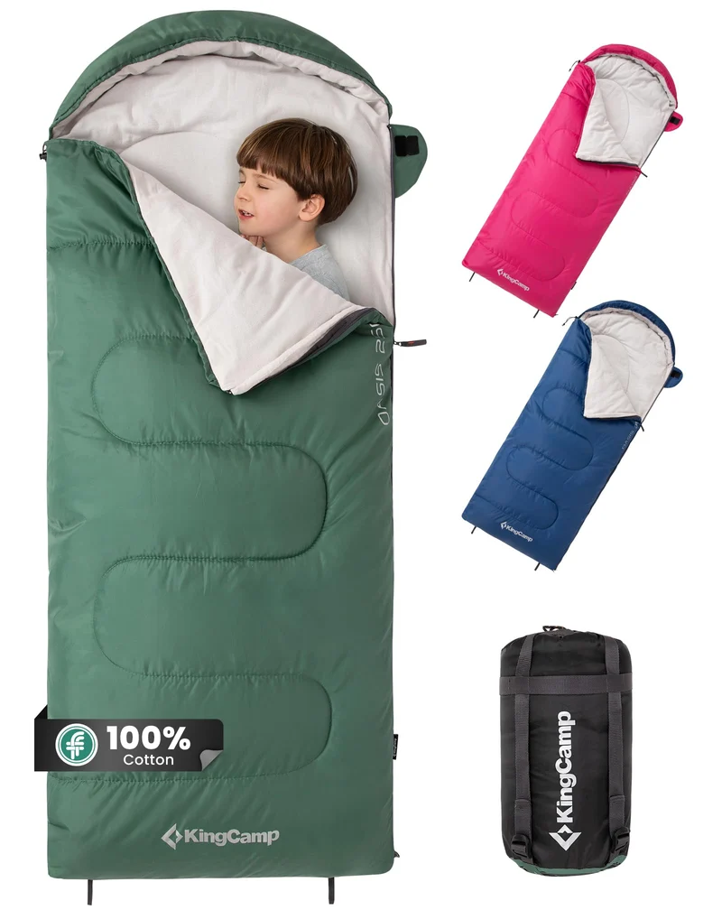 KingCamp Oasis 250S+ Kids Sleeping Bag, Hooded Youth Sleeping Bag for Camping, Soft Cotton Flannel Lining, 53.6°F Comfort, Compression Sack Included