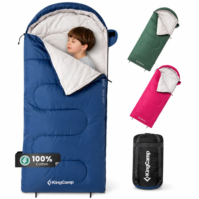 KingCamp Oasis 250S+ Kids Sleeping Bag, Hooded Youth Sleeping Bag for Camping, Soft Cotton Flannel Lining, 53.6°F Comfort, Compression Sack Included