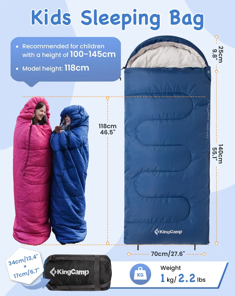 KingCamp Oasis 250S+ Kids Sleeping Bag, Hooded Youth Sleeping Bag for Camping, Soft Cotton Flannel Lining, 53.6°F Comfort, Compression Sack Included