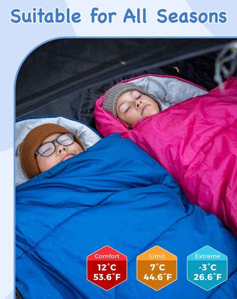 KingCamp Oasis 250S+ Kids Sleeping Bag, Hooded Youth Sleeping Bag for Camping, Soft Cotton Flannel Lining, 53.6°F Comfort, Compression Sack Included