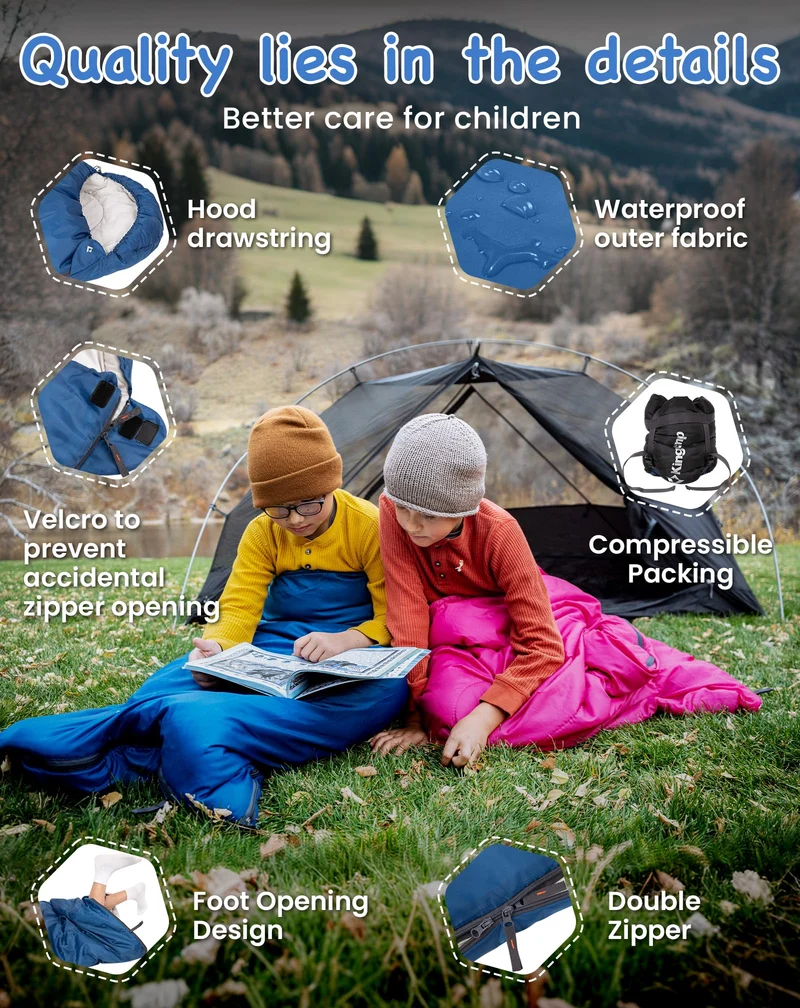KingCamp Oasis 250S+ Kids Sleeping Bag, Hooded Youth Sleeping Bag for Camping, Soft Cotton Flannel Lining, 53.6°F Comfort, Compression Sack Included